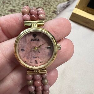 Pink and Gold Beaded Watch with Round Face